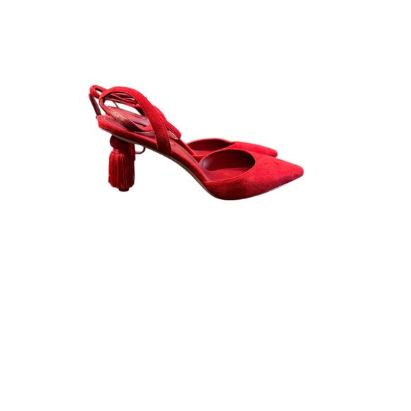 Kate Spade Voila Pumps Red Tassel Suede Pointed Toe Kitten Heels Size 10 - Picture 8 of 9